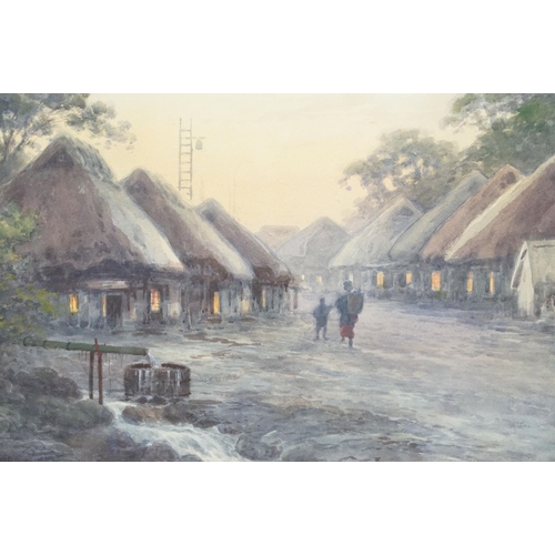 524 - Oriental School, figures walking by huts, watercolour, indistinctly signed lower left, 31.5 x 48cm, ... 