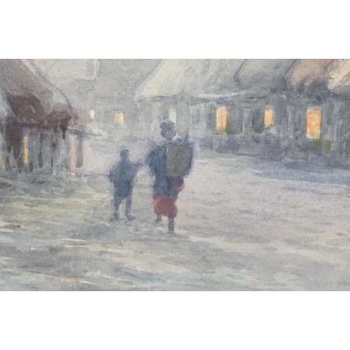 524 - Oriental School, figures walking by huts, watercolour, indistinctly signed lower left, 31.5 x 48cm, ... 