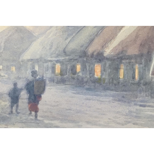 524 - Oriental School, figures walking by huts, watercolour, indistinctly signed lower left, 31.5 x 48cm, ... 