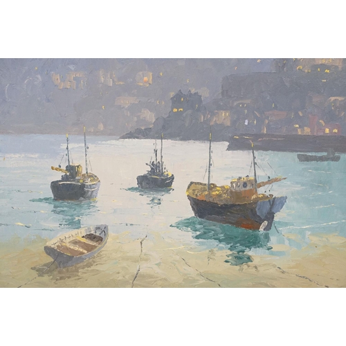 529 - Hugh E Ridge (1899 - 1976), boats at anchor with town beyond, oil on canvas, signed lower right, 34 ... 