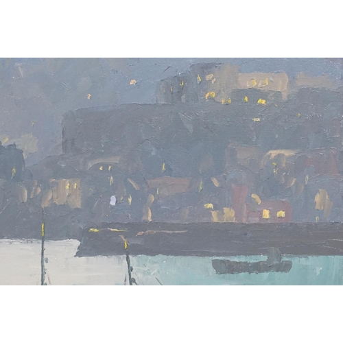 529 - Hugh E Ridge (1899 - 1976), boats at anchor with town beyond, oil on canvas, signed lower right, 34 ... 