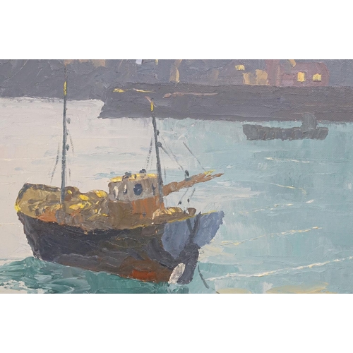 529 - Hugh E Ridge (1899 - 1976), boats at anchor with town beyond, oil on canvas, signed lower right, 34 ... 