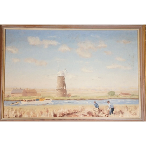 530 - Penelope Douglas, Berney Arms Mill, Reedham, oil on board, signed lower right, titled verso with art... 