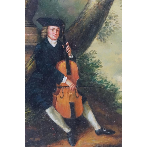 532 - Oil on Panel Portrait of an 18th century Gentleman with cello seated in woodland, gilt framed, 24cm ... 