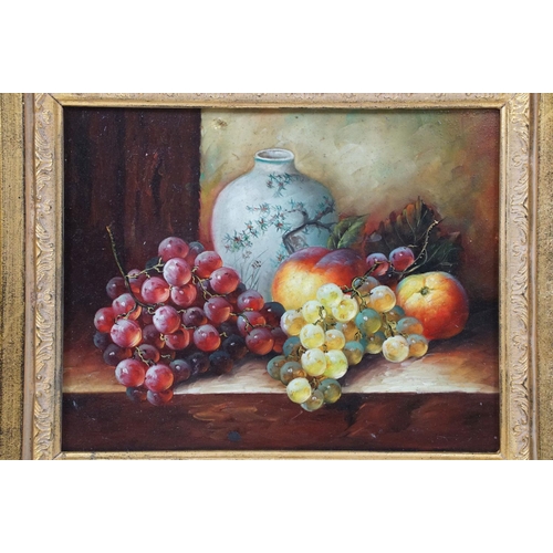 533 - Oil on Panel Study of Fruit and Porcelain Jar on a ledge, 19cm x 24cm