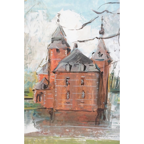 538 - Continental School, building by a lake, oil on board, indistinctly signed lower right, inscribed low... 