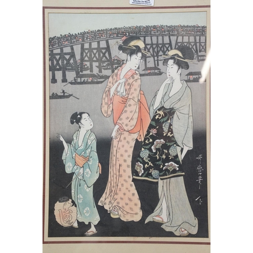 542 - Kitagawa Utamaro (1753-1806) Signed Japanese Woodblock Portrait of Ladies and Girl in Traditional Dr... 