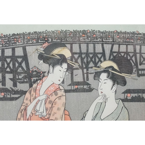 542 - Kitagawa Utamaro (1753-1806) Signed Japanese Woodblock Portrait of Ladies and Girl in Traditional Dr... 