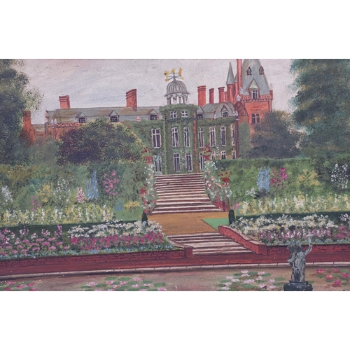 550 - English School, country house and gardens, oil on board, initialled lower right, possibly EWB, 29 x ... 