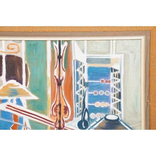 551 - Framed Modernist Oil Painting Interior Scene Abstract in vibrant colours, 49cm x 60cm