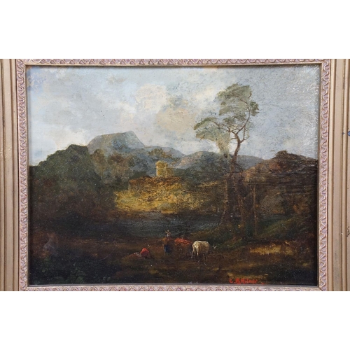 558 - C B Milner 1835, Oil on Tin Classical Country Landscape with figure, cattle and mountains beyond