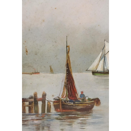 560 - J E Burnip 1907, Oil on Board Fishing Boats and Tallship in still waters, signed and dated, 25cm x 2... 