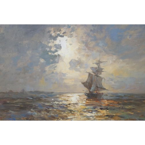 566 - Gilt Framed Oil on Board Nautical Seascape with sail ship under sunlit skies, 27.5cm x 39cm