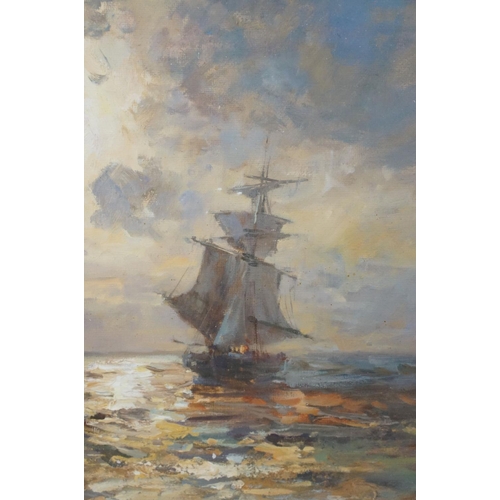 566 - Gilt Framed Oil on Board Nautical Seascape with sail ship under sunlit skies, 27.5cm x 39cm