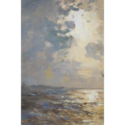 566 - Gilt Framed Oil on Board Nautical Seascape with sail ship under sunlit skies, 27.5cm x 39cm