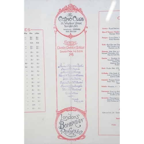 569 - 1928 Framed Original Menu Carte for the renowned London Bohemian Rendezvous ' The Cosmo Club ' Wardo... 