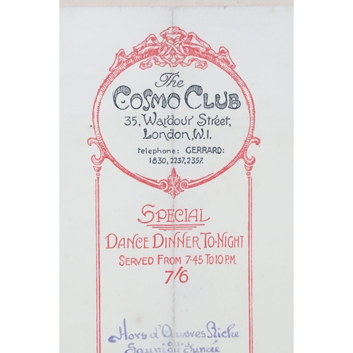 569 - 1928 Framed Original Menu Carte for the renowned London Bohemian Rendezvous ' The Cosmo Club ' Wardo... 