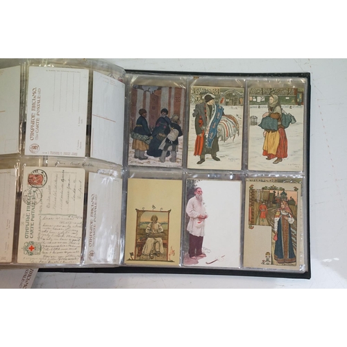 503 - Album of early 20th century Russian / Russian-themed postcards to include black & white and colour e... 