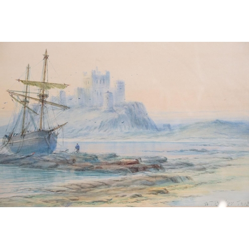 574 - T Baker 1913, Gilt Framed Watercolour Coastal View with figures fishing, boat and castle together wi... 