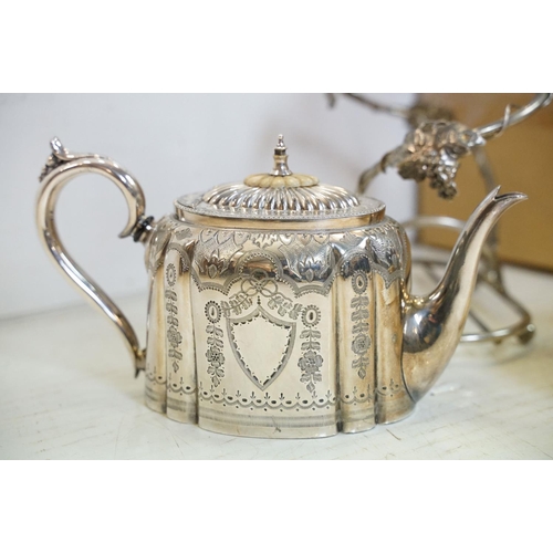 420 - Collection of mixed silver plate to include examples with broad arrows to base (teapots / hot water ... 