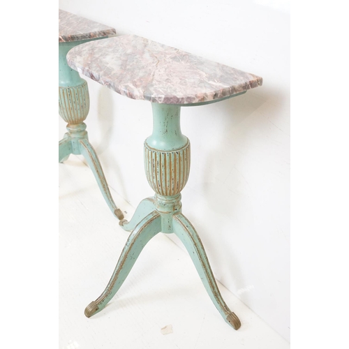 596 - Pair of Marble Top Console Tables, each raised on a painted Regency style pedestal support with thre... 