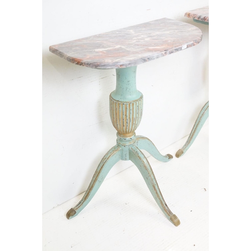 596 - Pair of Marble Top Console Tables, each raised on a painted Regency style pedestal support with thre... 