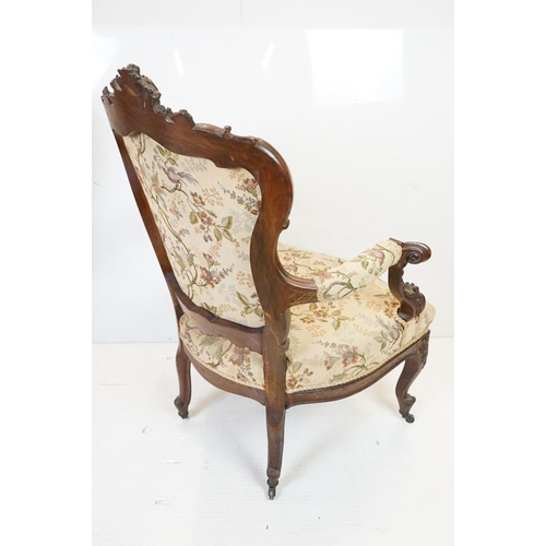 620 - French style Walnut Saloon Suite comprising a Settee, Two Open Armchairs, Two Side Chairs and a Fire... 