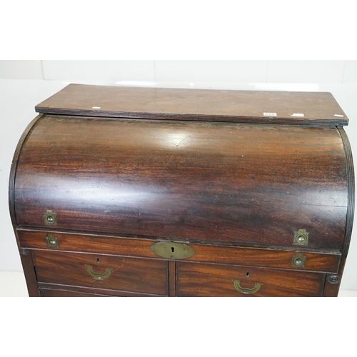 625 - Early 19th century Mahogany Campaign Barrel or Cylinder Roll Top Bureau, the cylinder opening to am ... 