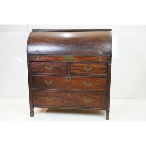 625 - Early 19th century Mahogany Campaign Barrel or Cylinder Roll Top Bureau, the cylinder opening to am ... 