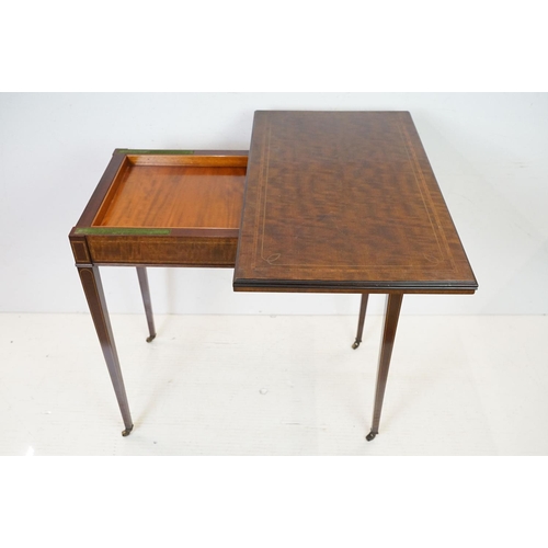 633 - Edwardian Mahogany Inlaid Rectangular Card Table, the fold-over top opening to a green baise playing... 