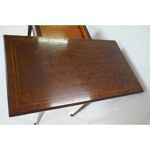 633 - Edwardian Mahogany Inlaid Rectangular Card Table, the fold-over top opening to a green baise playing... 