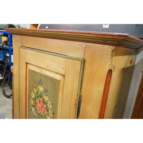 636 - 19th century Continental Pine Cupboard, the single door with hand painted floral design panels, 180c... 