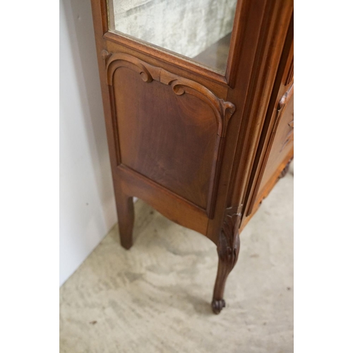 670 - French style Carved Walnut Display Cabinet, the single glazed door opening to a grey velvet lined in... 