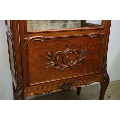 670 - French style Carved Walnut Display Cabinet, the single glazed door opening to a grey velvet lined in... 