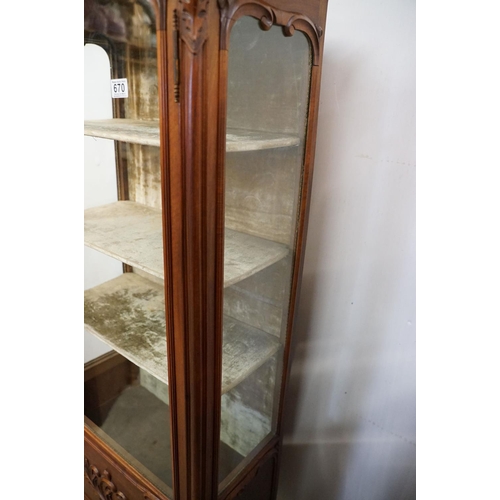 670 - French style Carved Walnut Display Cabinet, the single glazed door opening to a grey velvet lined in... 