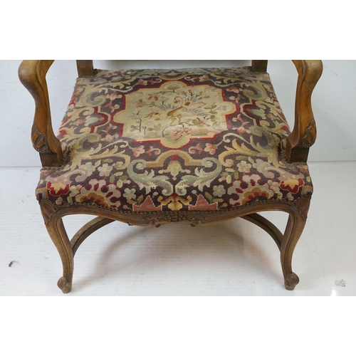 683 - Louis XIV style Walnut Fauteuil Armchair with needlework upholstered back and seat, 104cm high x 65c... 