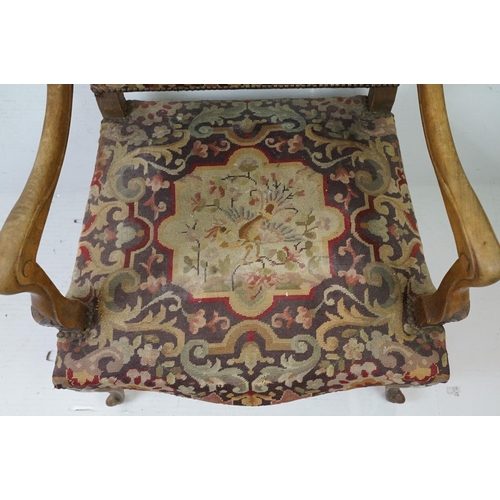 683 - Louis XIV style Walnut Fauteuil Armchair with needlework upholstered back and seat, 104cm high x 65c... 