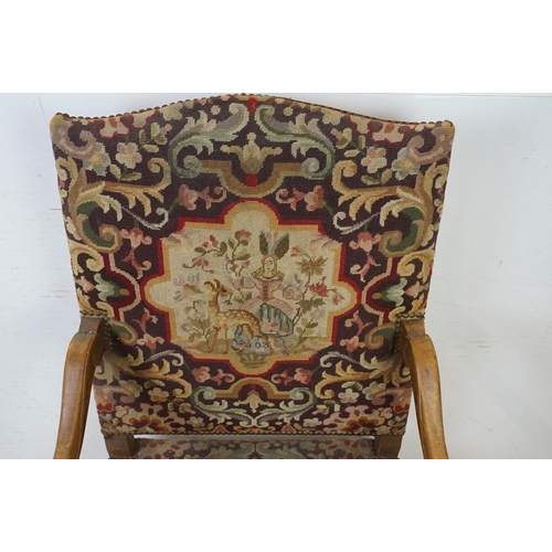 683 - Louis XIV style Walnut Fauteuil Armchair with needlework upholstered back and seat, 104cm high x 65c... 