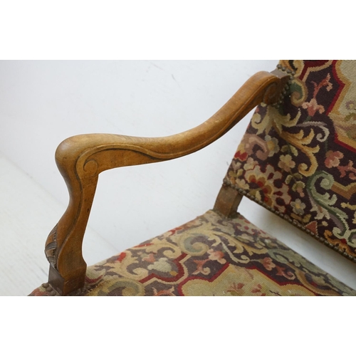 683 - Louis XIV style Walnut Fauteuil Armchair with needlework upholstered back and seat, 104cm high x 65c... 