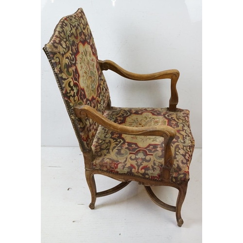 683 - Louis XIV style Walnut Fauteuil Armchair with needlework upholstered back and seat, 104cm high x 65c... 