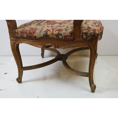 683 - Louis XIV style Walnut Fauteuil Armchair with needlework upholstered back and seat, 104cm high x 65c... 