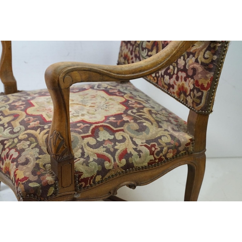 683 - Louis XIV style Walnut Fauteuil Armchair with needlework upholstered back and seat, 104cm high x 65c... 