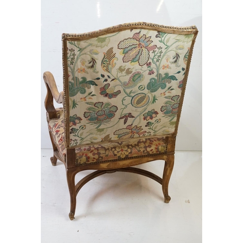 683 - Louis XIV style Walnut Fauteuil Armchair with needlework upholstered back and seat, 104cm high x 65c... 