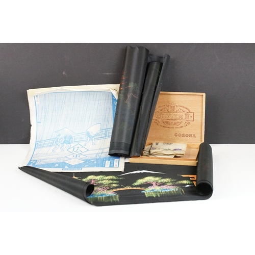 324 - A collection of oriental prints to include silk examples together with a 1908 souvenir handkerchief ... 