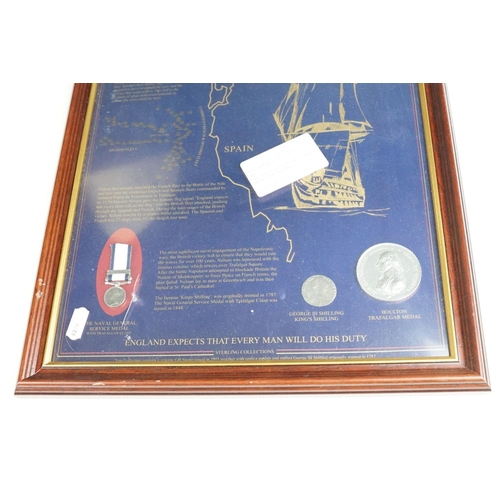 340 - A framed Heritage Battle of Trafgalgar reproduction coin and medal set together with a Heritage coll... 