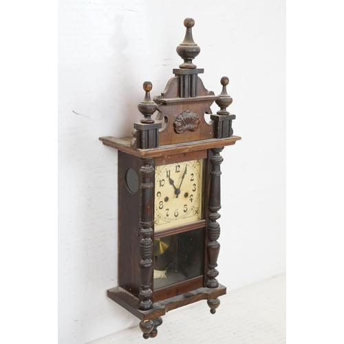 426 - Late 19th / early 20th Century Vienna style chiming wooden wall clock with cream dial, pendulum & ke... 