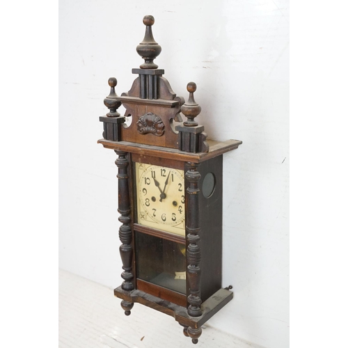 426 - Late 19th / early 20th Century Vienna style chiming wooden wall clock with cream dial, pendulum & ke... 