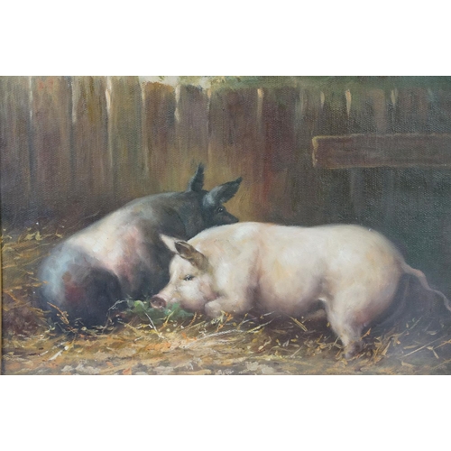 579 - Oak Framed Oil Painting Study of Pigs in a farmyard, 28cm x 34cm