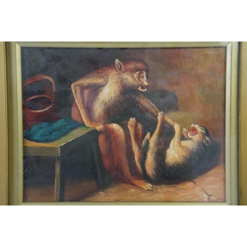 580 - Oil on Board Classical Scene with Dog and Monkey having a squabble, 16.5cm x 21.5cm