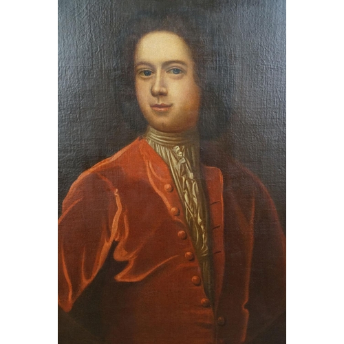 581 - English School, portrait of a gentleman in a red coat, oil on canvas, 74.5 x 62.5cm, gilt framed